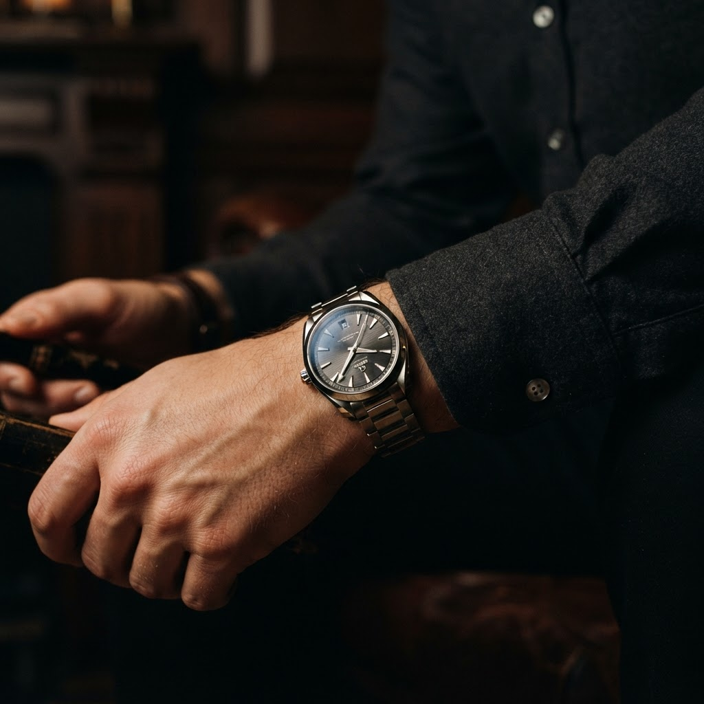 A luxury steel watch worn on the wrist