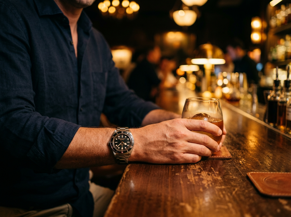 Seiko SPB143 dive watch on a wrist in a dimly lit bar